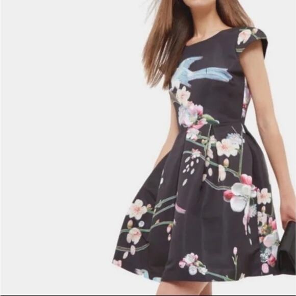 Ted Baker Zaldana Dress Black Mini Flight of the Orient Bird Print 2 US (0 Ted) - Picture 4 of 11